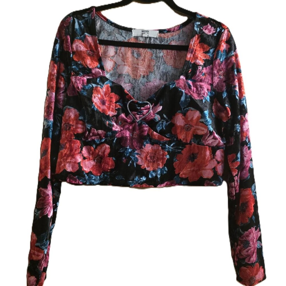 MADDEN NYC Womens Top XXL Black Velvet Romantic Floral Rose Whimsy Cropped heart